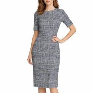 St John Knit Tweed Midi Dress Navy Blue White Black Short Sleeve Size 14